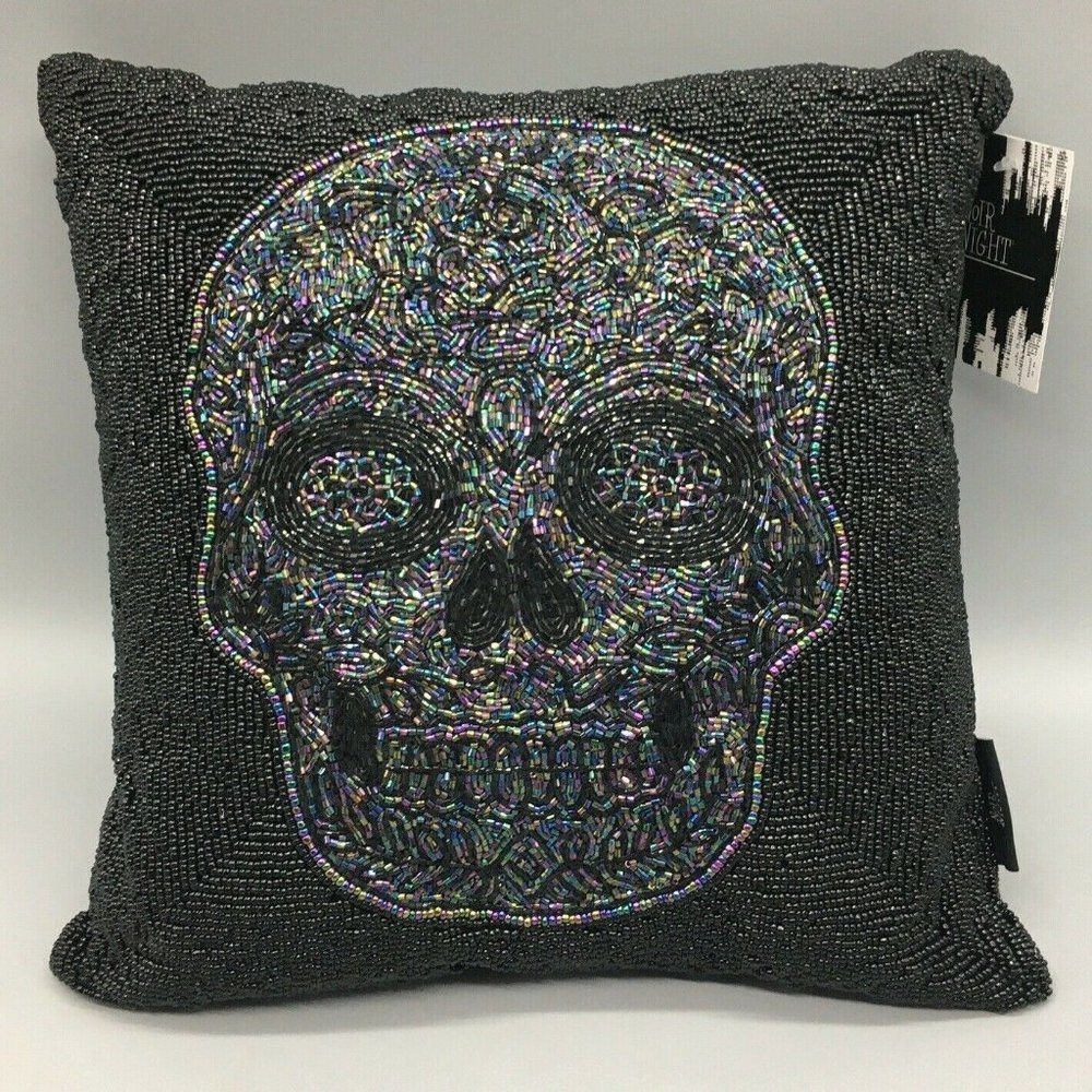 Halloween Iridescent Sugar Skull Black Beaded Throw Pillow Day of the Dead 14x14